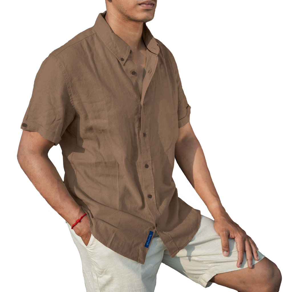 Men’s Linen Blend Short Sleeve Casual Shirt for Vacation, Holiday, Casual Party, Lightweight Button Down Shirt - Coffee
