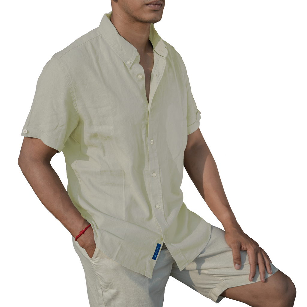 Men’s Linen Blend Short Sleeve Casual Shirt for Vacation, Holiday, Casual Party, Lightweight Button Down Shirt - Oatmeal