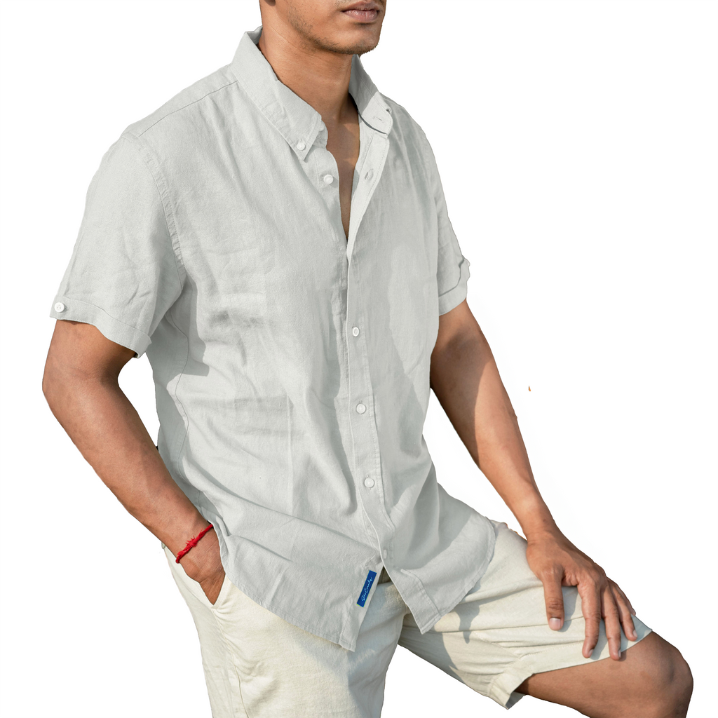 Men’s Linen Blend Short Sleeve Casual Shirt for Vacation, Holiday, Casual Party, Lightweight Button Down Shirt - Light Grey