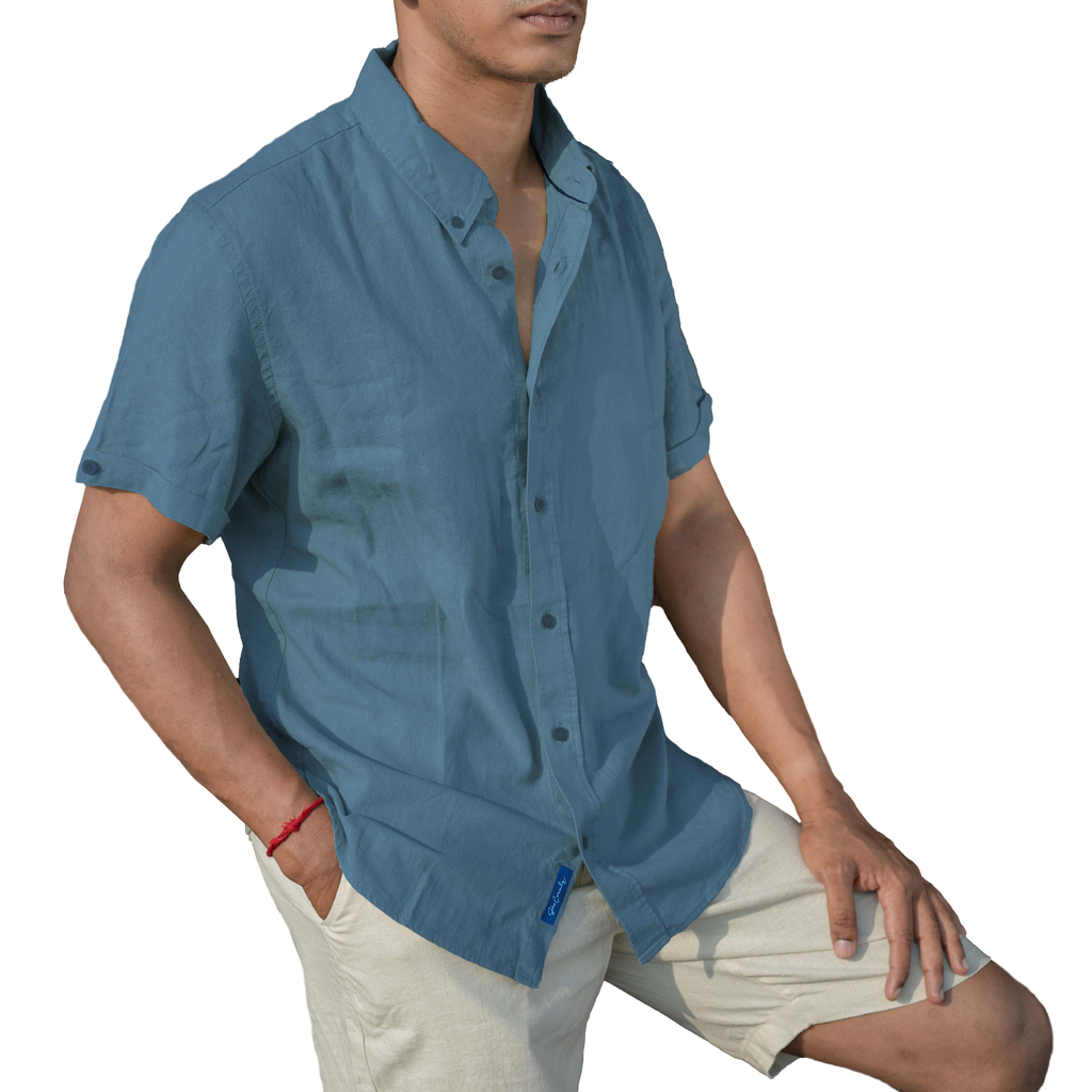 Men’s Linen Blend Short Sleeve Casual Shirt for Vacation, Holiday, Casual Party, Lightweight Button Down Shirt - Blue Horizone