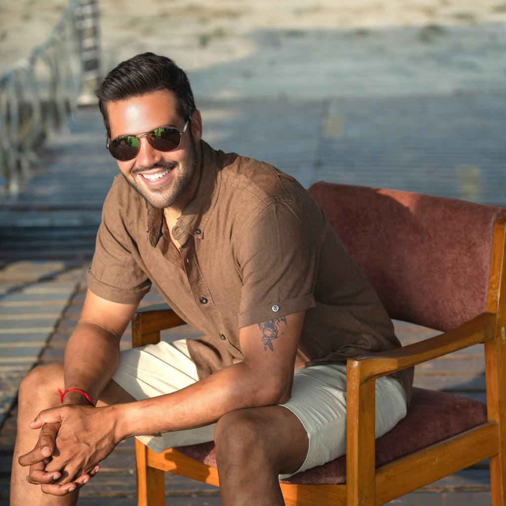 Men’s Linen Blend Short Sleeve Casual Shirt for Vacation, Holiday, Casual Party, Lightweight Button Down Shirt - Coffee