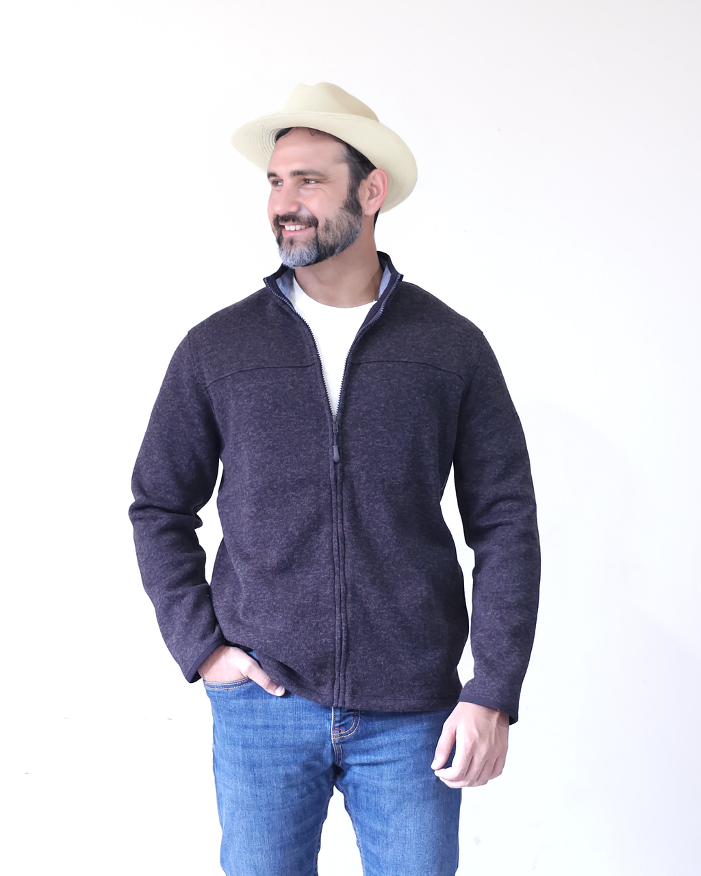 Men's Textured Fleece Jacket | Full-Zip Lightweight Outdoor Coat, Soft & Windproof - Black