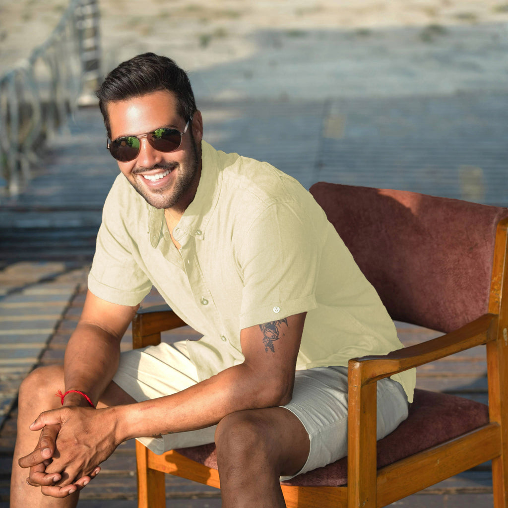 Men’s Linen Blend Short Sleeve Casual Shirt for Vacation, Holiday, Casual Party, Lightweight Button Down Shirt - Off-White