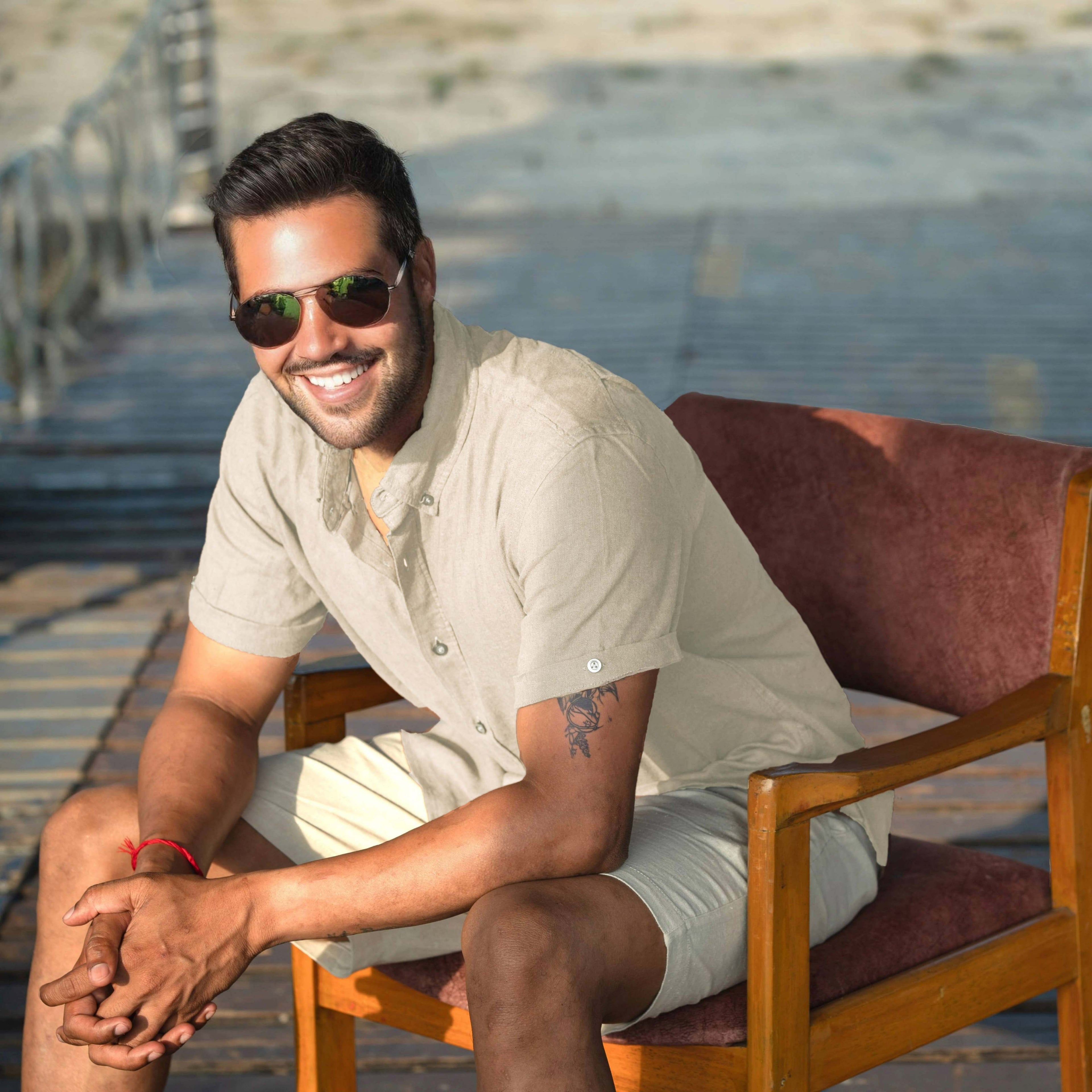 Men’s Linen Blend Short Sleeve Casual Shirt for Vacation, Holiday, Casual Party, Lightweight Button Down Shirt - Oatmeal