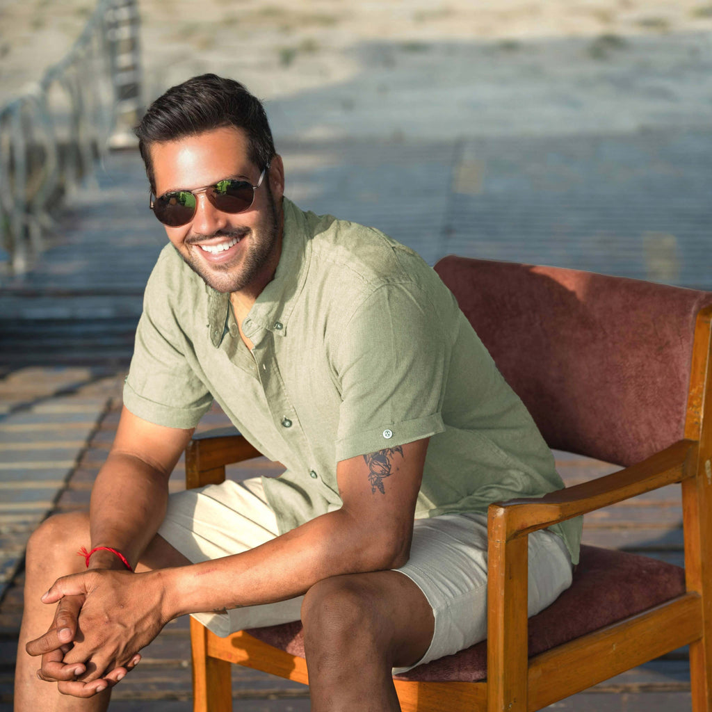 Men’s Linen Blend Short Sleeve Casual Shirt for Vacation, Holiday, Casual Party, Lightweight Button Down Shirt - Tea