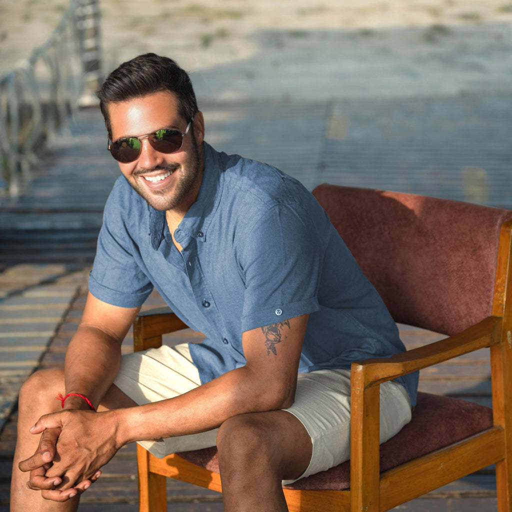 Men’s Linen Blend Short Sleeve Casual Shirt for Vacation, Holiday, Casual Party, Lightweight Button Down Shirt - Blue Horizone