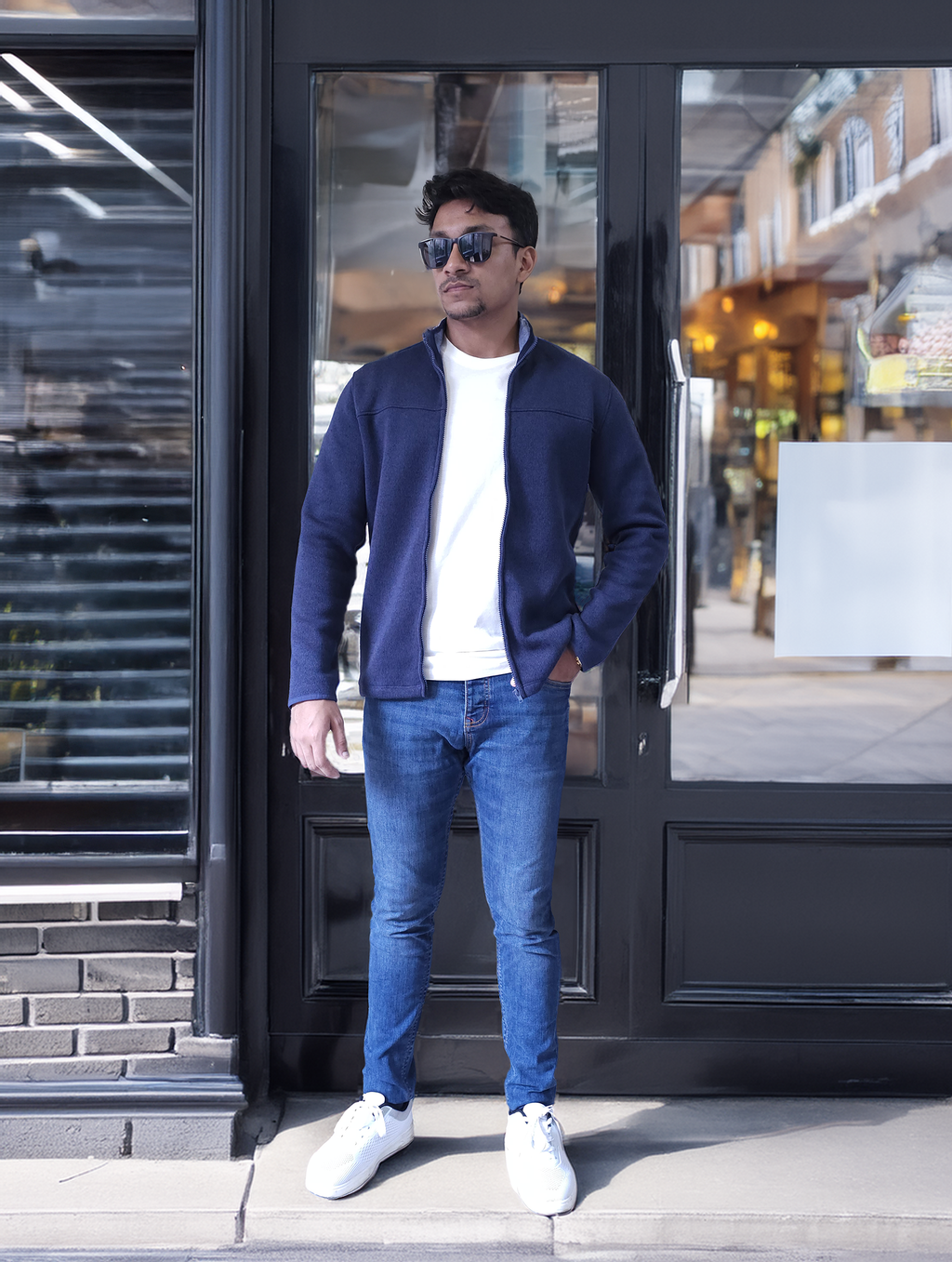 Men's Textured Fleece Jacket | Full-Zip Lightweight Outdoor Coat, Soft & Windproof - Navy