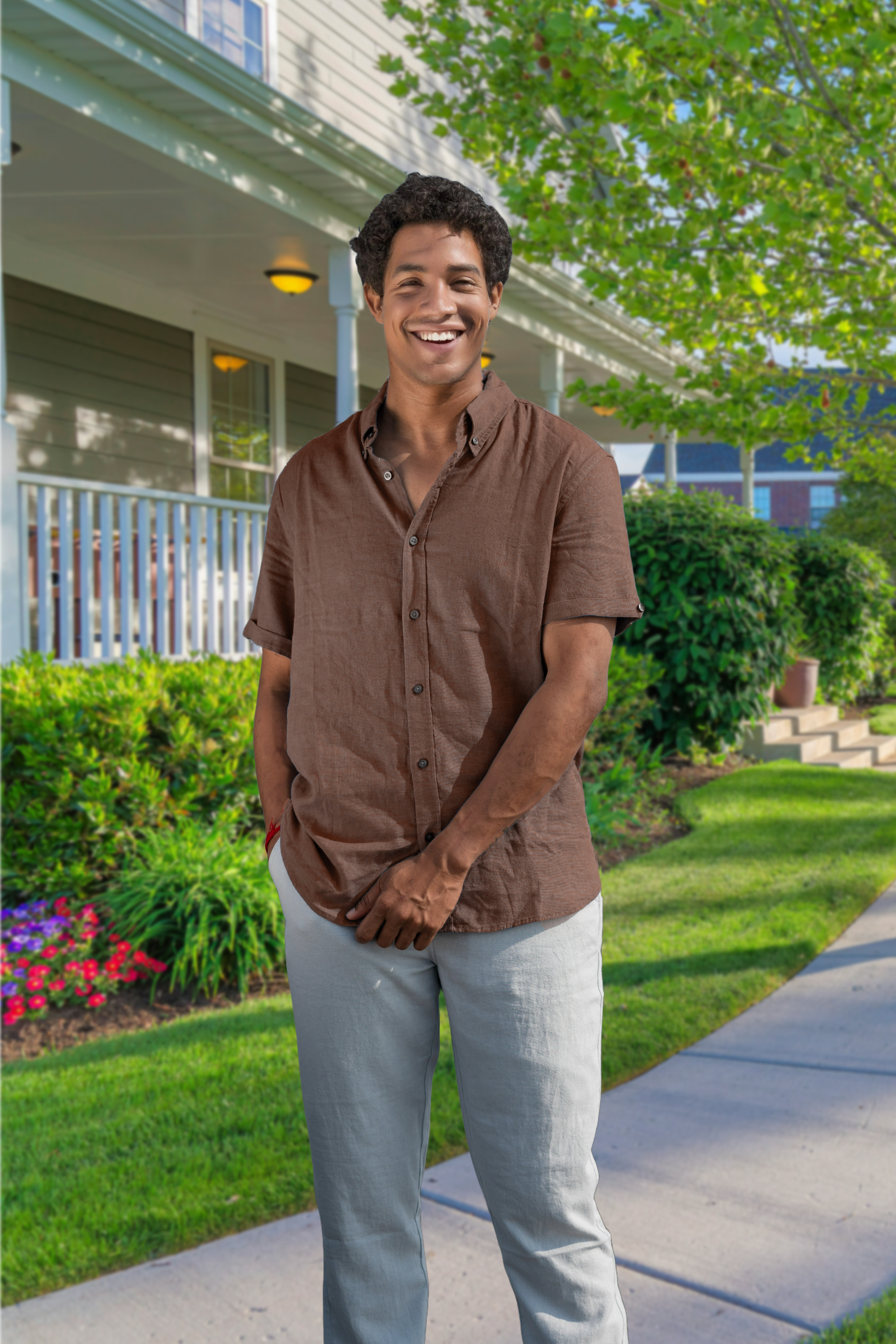 Men’s Linen Blend Short Sleeve Casual Shirt for Vacation, Holiday, Casual Party, Lightweight Button Down Shirt - Coffee