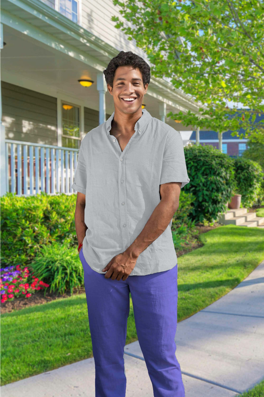 Men’s Linen Blend Short Sleeve Casual Shirt for Vacation, Holiday, Casual Party, Lightweight Button Down Shirt - Light Grey