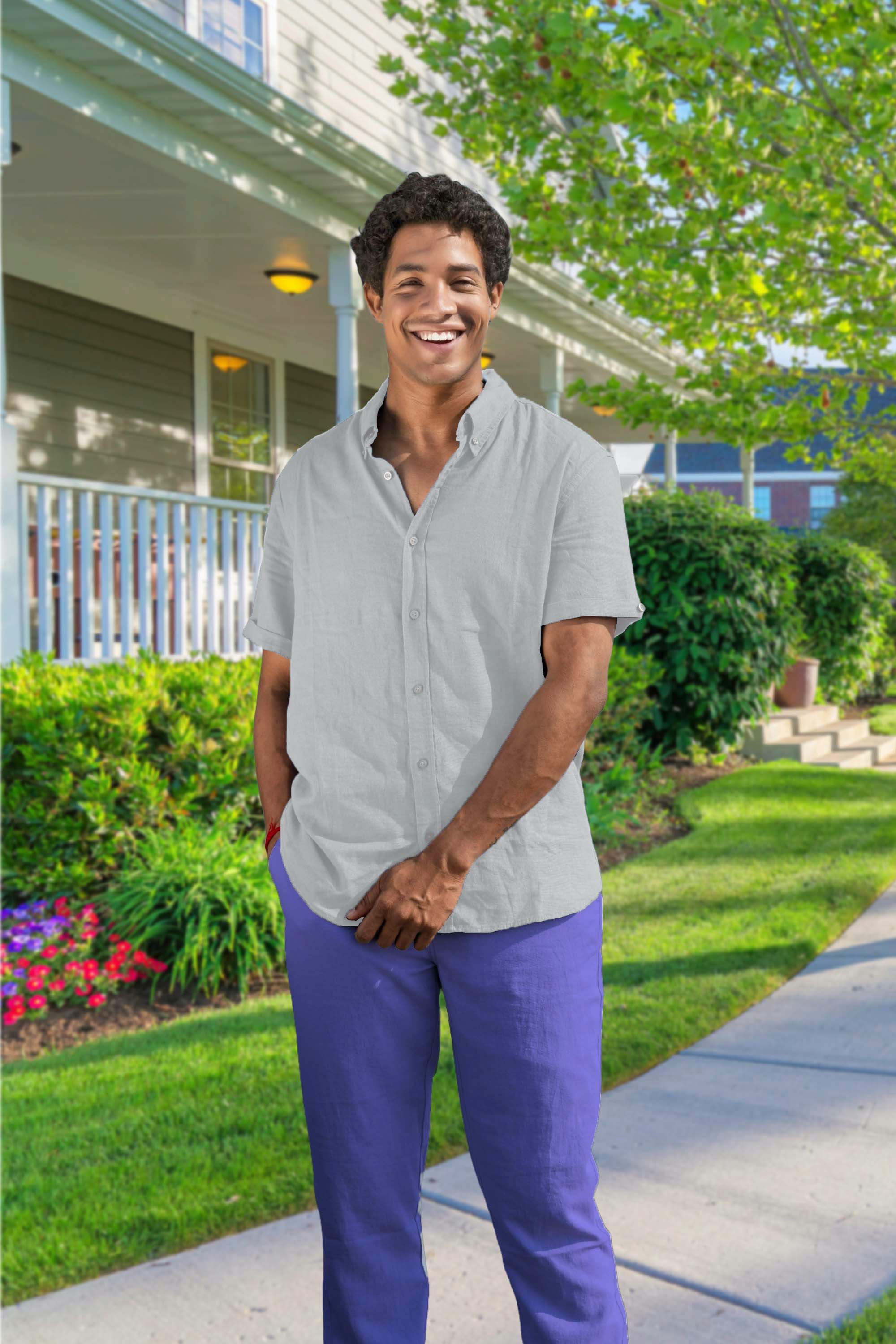 Men’s Linen Blend Short Sleeve Casual Shirt for Vacation, Holiday, Casual Party, Lightweight Button Down Shirt - Light Grey