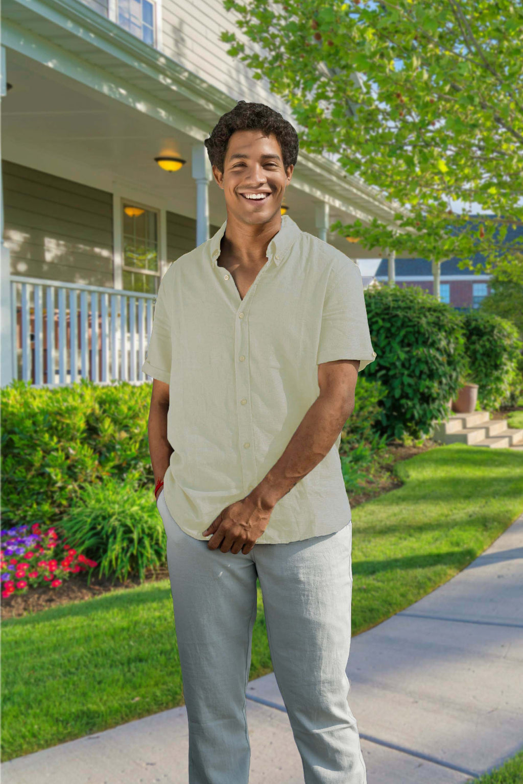 Men’s Linen Blend Short Sleeve Casual Shirt for Vacation, Holiday, Casual Party, Lightweight Button Down Shirt - Oatmeal