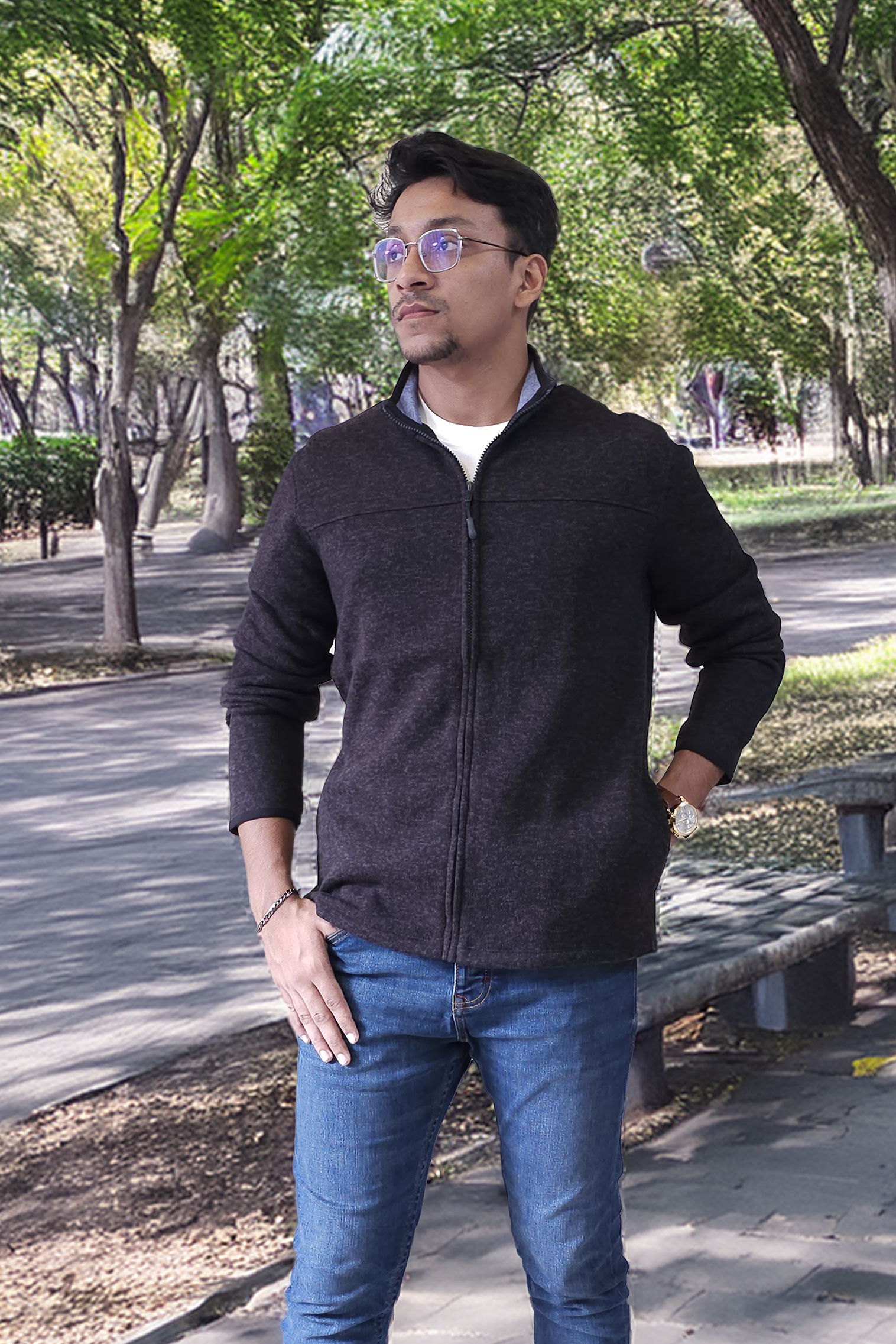 Men's Textured Fleece Jacket | Full-Zip Lightweight Outdoor Coat, Soft & Windproof - Black