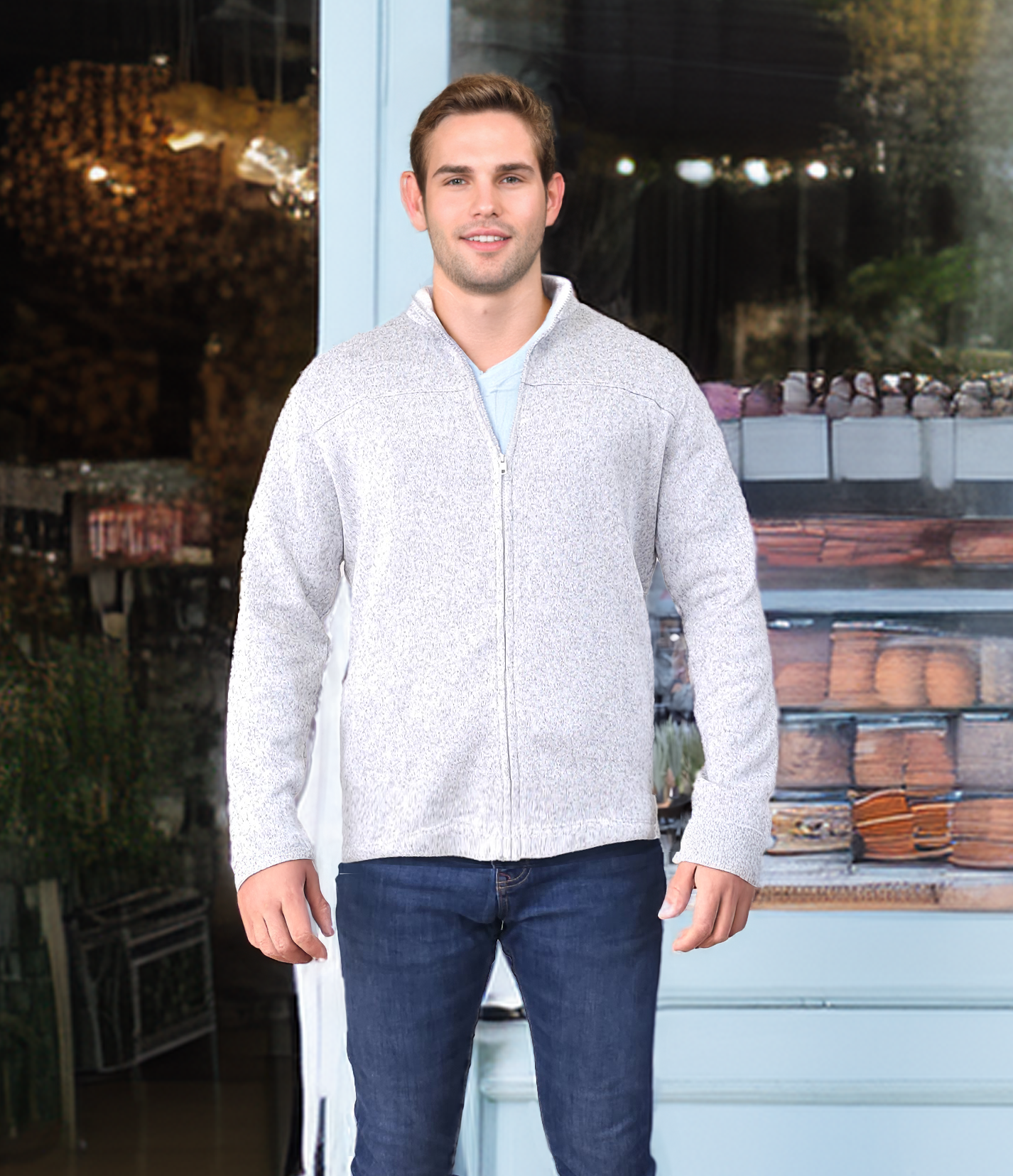 Men's Textured Fleece Jacket | Full-Zip Lightweight Outdoor Coat, Soft & Windproof - White