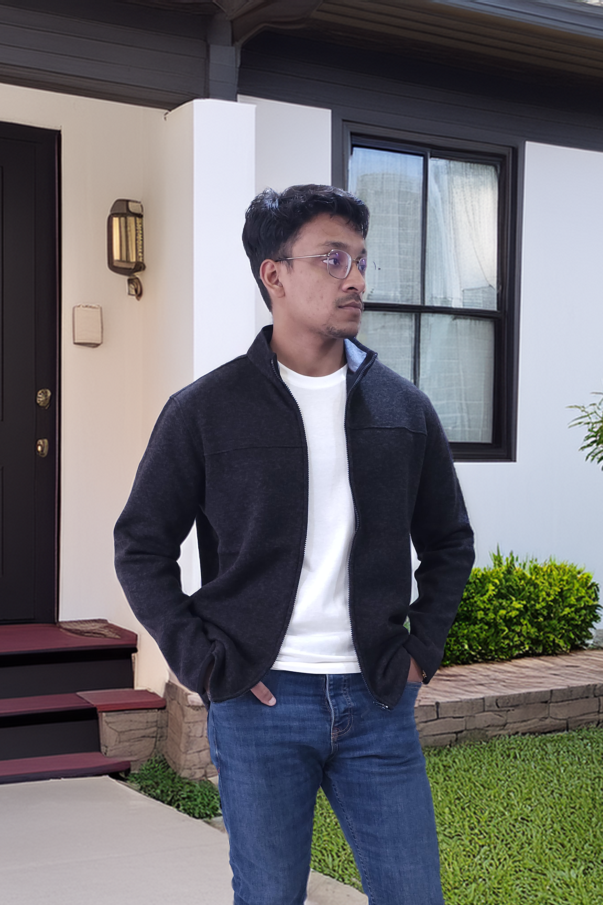 Men's Textured Fleece Jacket | Full-Zip Lightweight Outdoor Coat, Soft & Windproof - Black