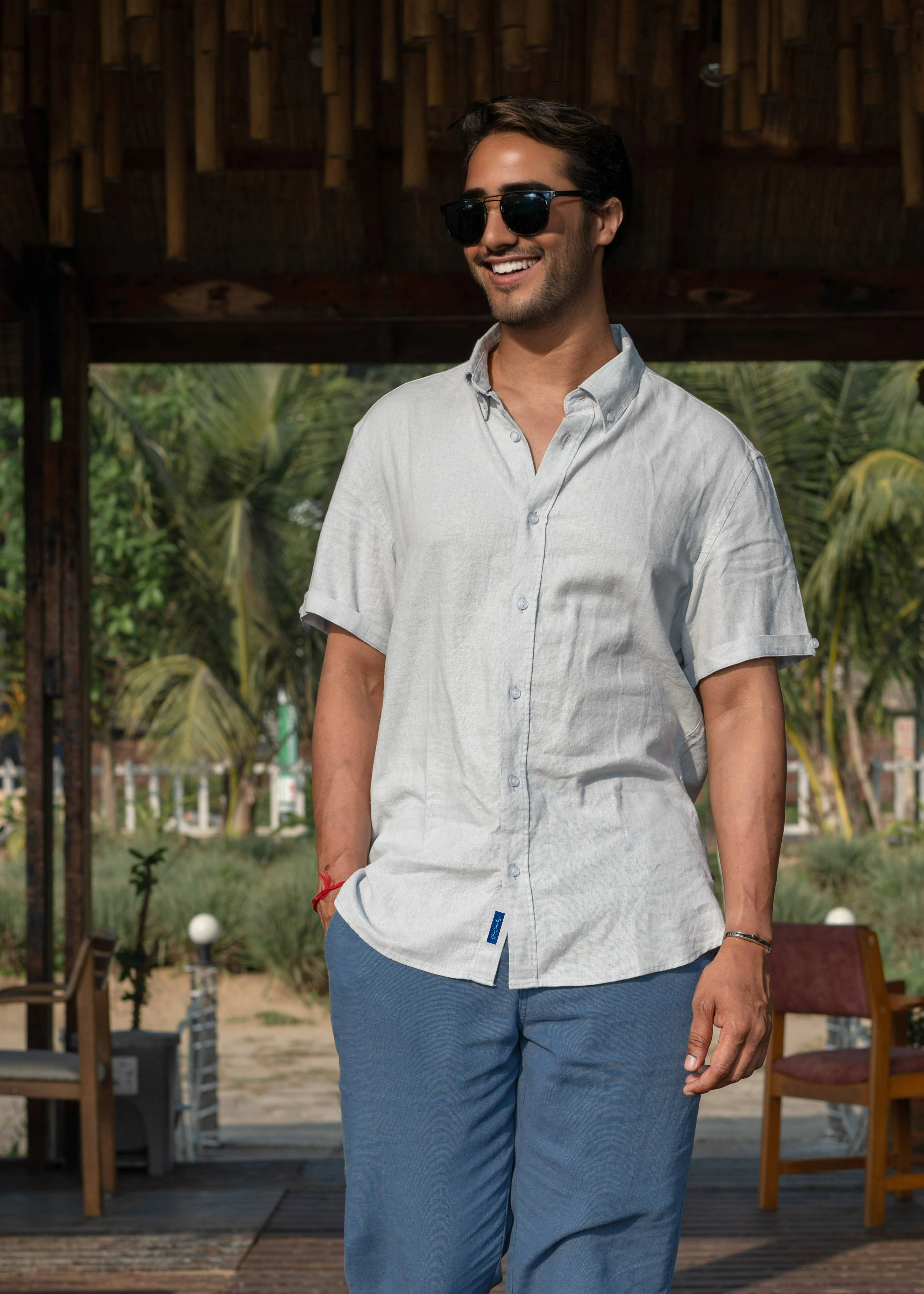 Men’s Linen Blend Short Sleeve Casual Shirt for Vacation, Holiday, Casual Party, Lightweight Button Down Shirt - Light Grey