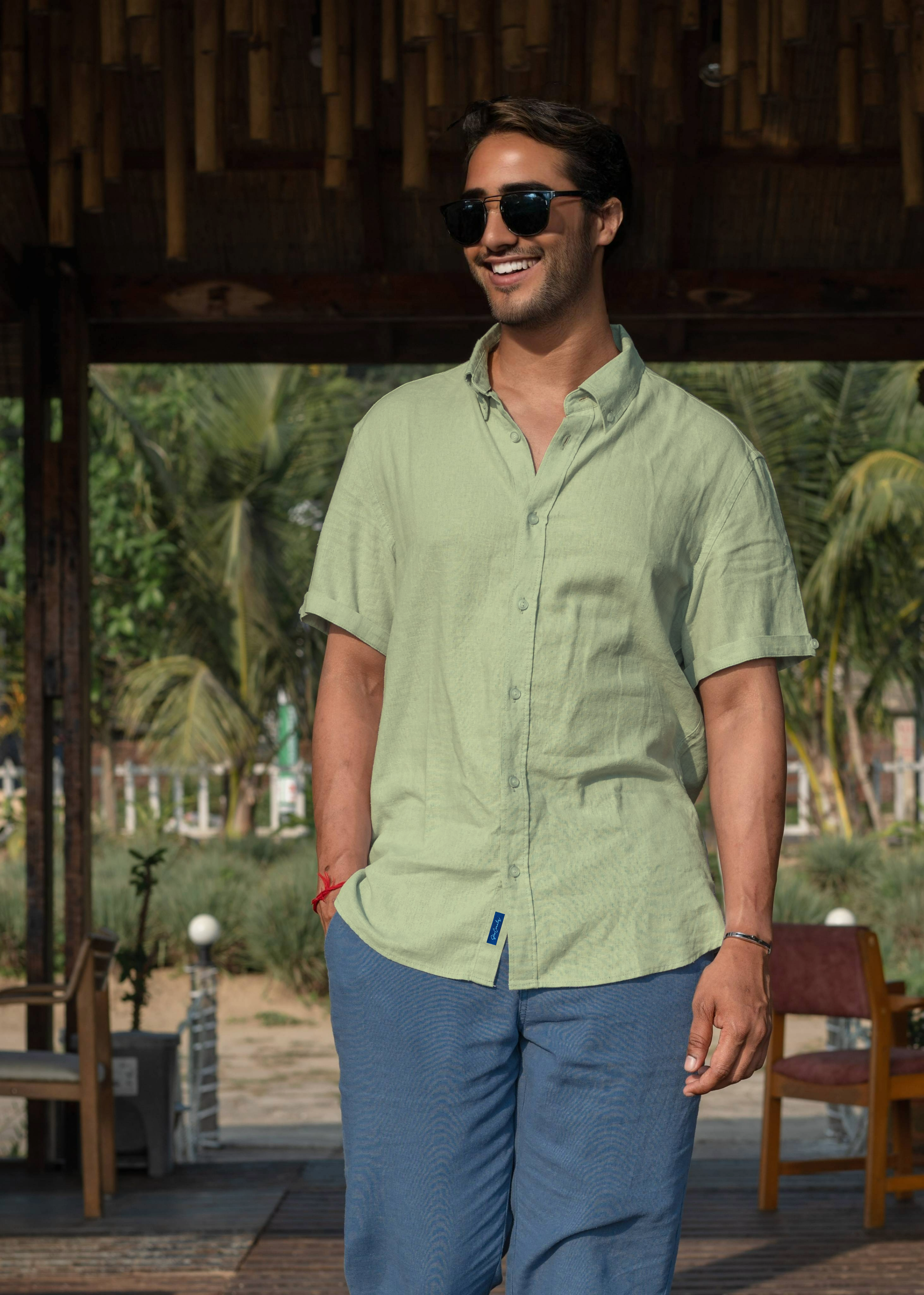 Men’s Linen Blend Short Sleeve Casual Shirt for Vacation, Holiday, Casual Party, Lightweight Button Down Shirt - Tea