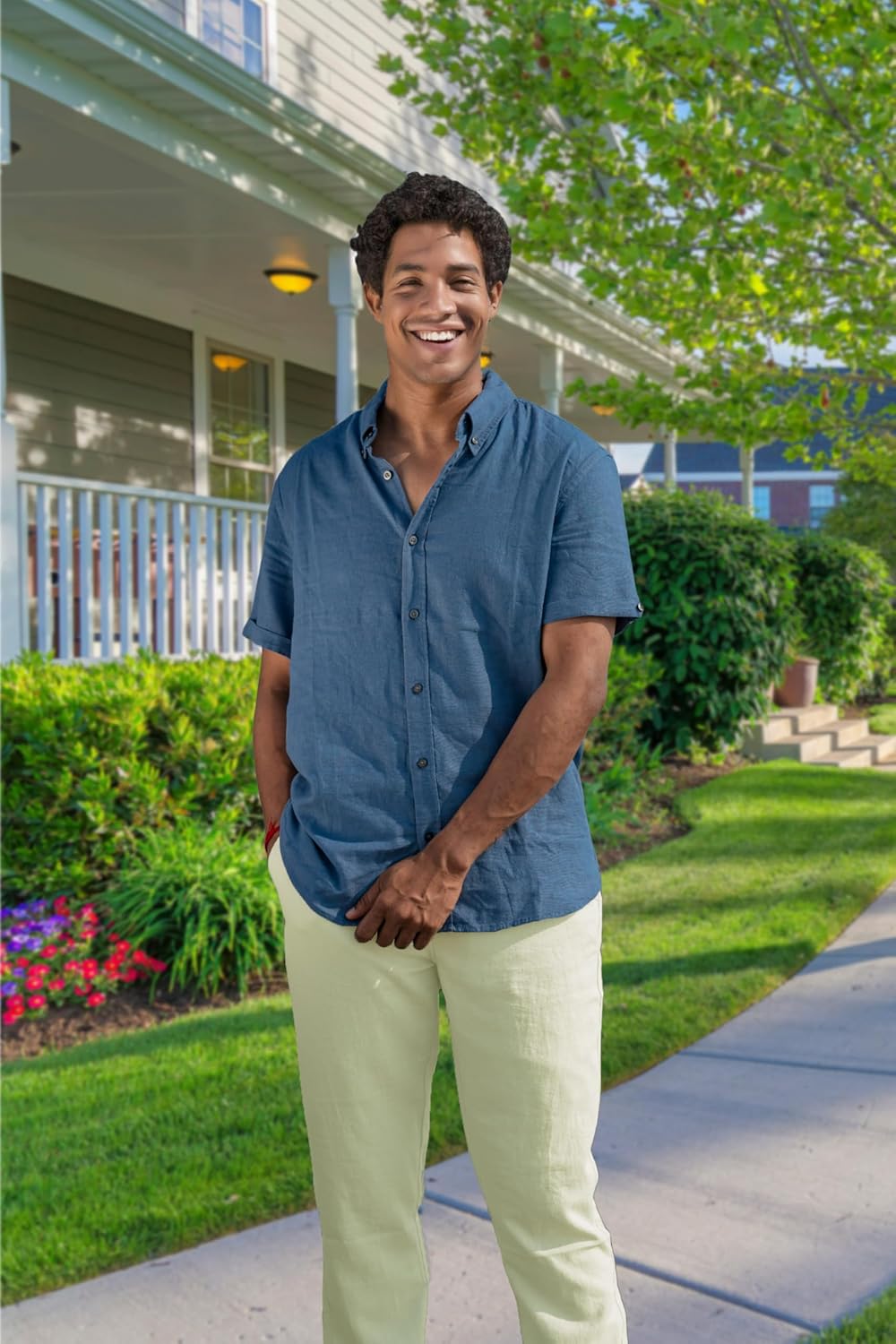 Men’s Linen Blend Short Sleeve Casual Shirt for Vacation, Holiday, Casual Party, Lightweight Button Down Shirt