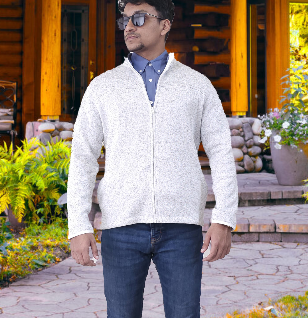 Men's Textured Fleece Jacket | Full-Zip Lightweight Outdoor Coat, Soft & Windproof - White