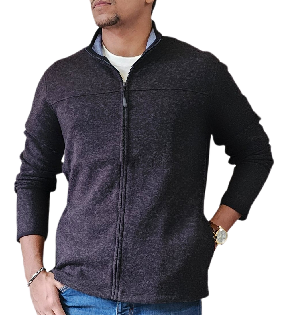 Men's Textured Fleece Jacket | Full-Zip Lightweight Outdoor Coat, Soft & Windproof - Black