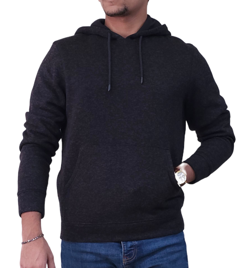 Men's Textured Fleece Hoodie Comfy Casual Soft Warm Outdoor Winter Spring Sweatshirt With Kangaroo Pockets - Black